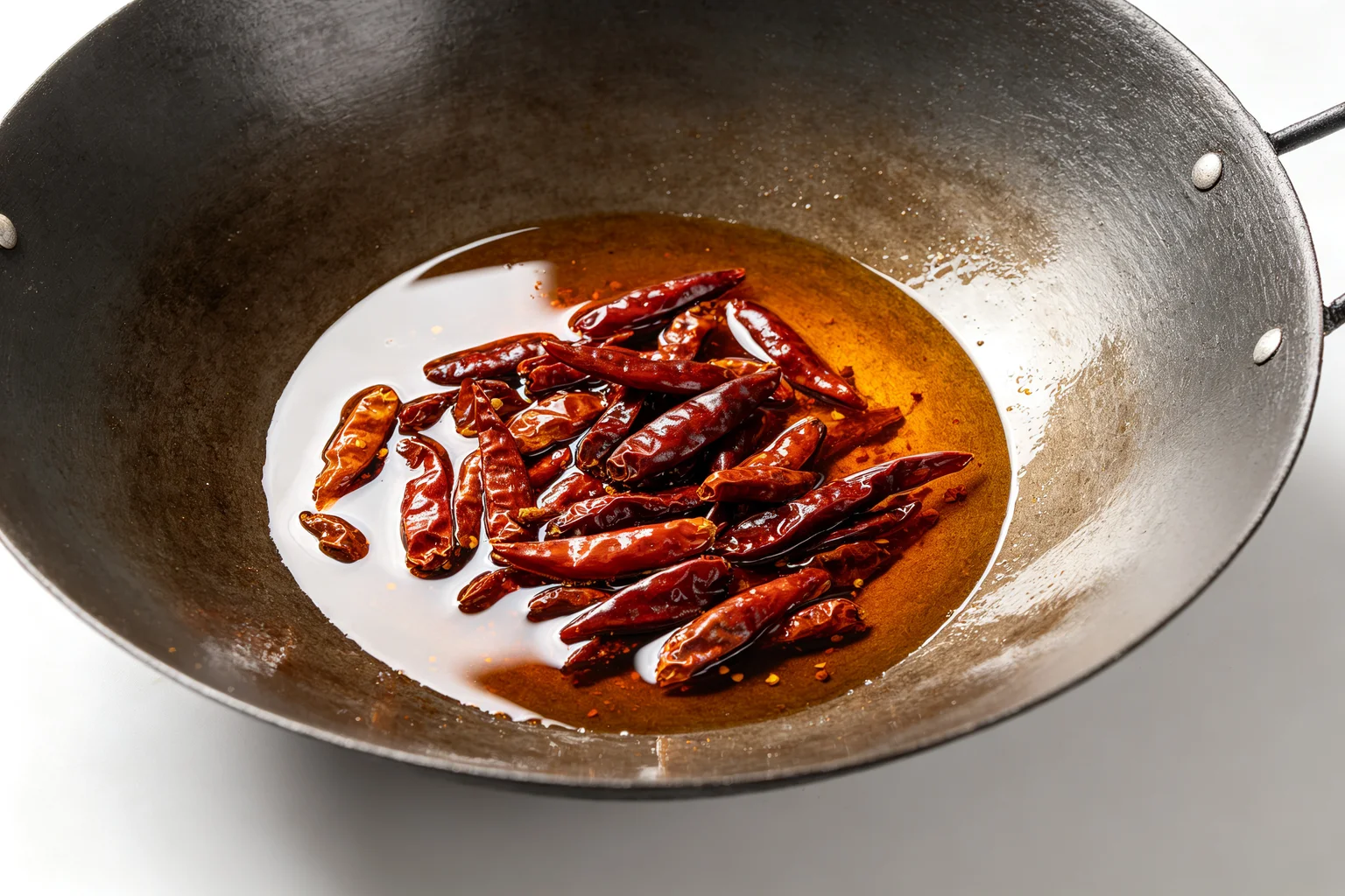 Whole dried red chillies darkened to brownish-red hú là colour flash-fried in hot oil in a carbon steel wok for kung pao chicken