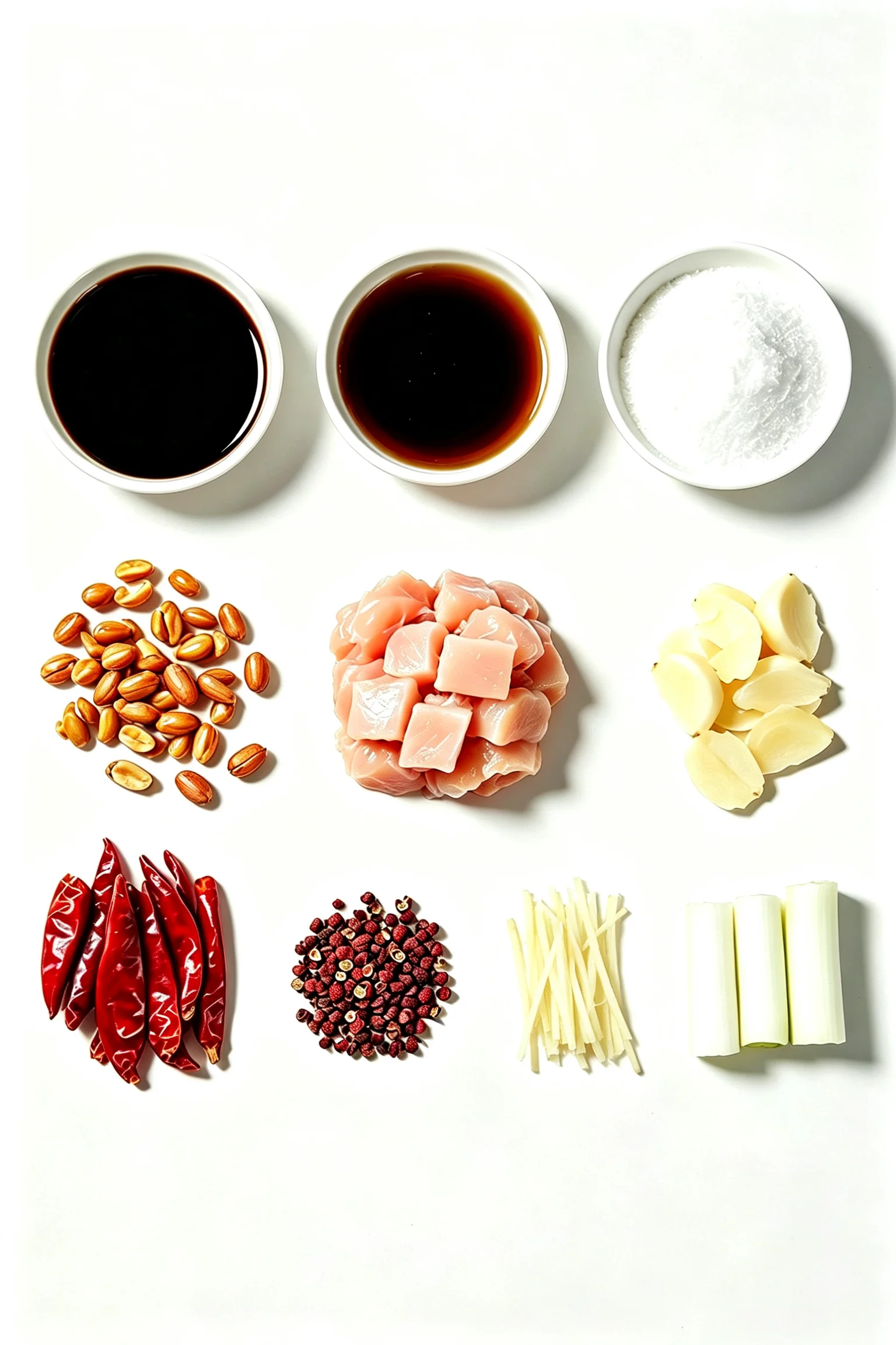  Overhead flat lay of kung pao chicken ingredients on white surface including raw chicken breast cubes, dried red chillies, Sichuan peppercorns, soy sauce, Chinkiang vinegar, sugar, peanuts, garlic, ginger and scallion