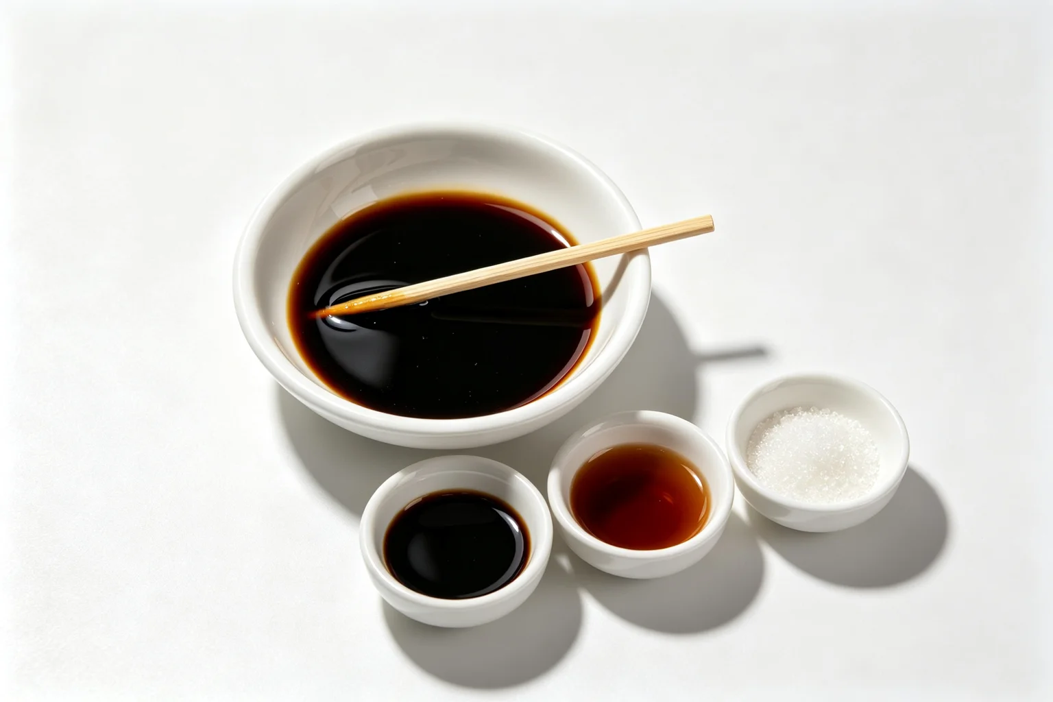 Small white ceramic bowl of pre-mixed kung pao sauce with soy sauce, Chinkiang vinegar and sugar measured out alongside on a white surface showing the wǎn qiàn technique