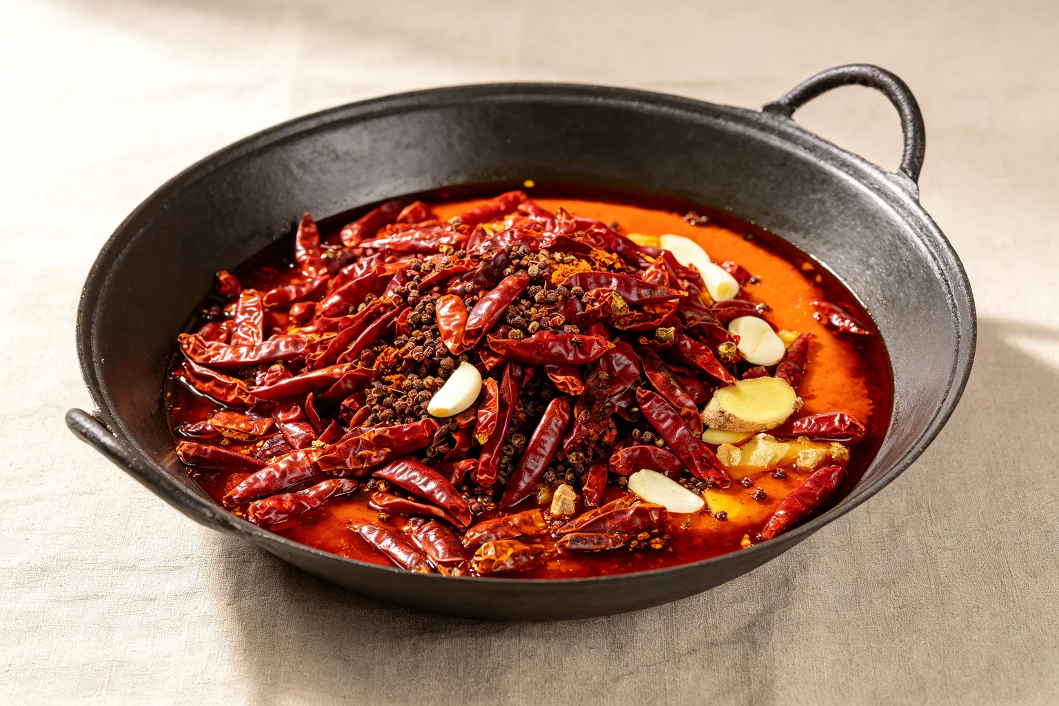 Large quantity of dried red chillies blooming in deep red-orange oil in a black wok with garlic, ginger and Sichuan peppercorns on linen
