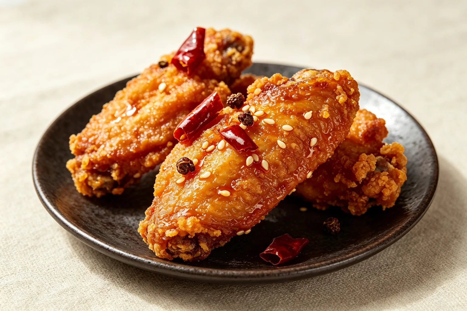 Close-up of double-fried la zi ji chicken wings showing shatteringly crispy golden-brown crust with chilli oil coating and sesame seeds on linen
