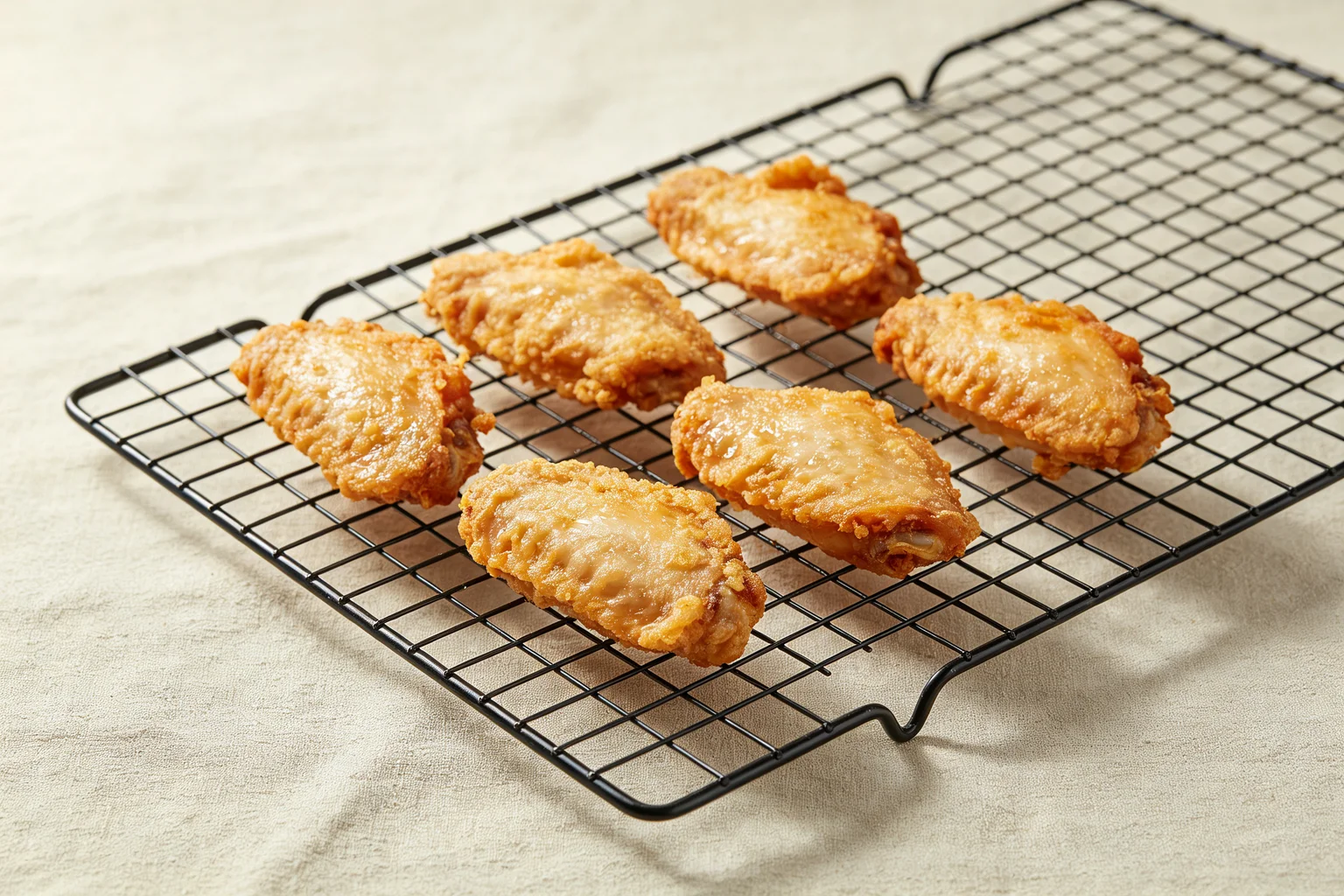 First-fried chicken wings resting on a wire rack showing pale golden cornstarch coating before the second fry on linen