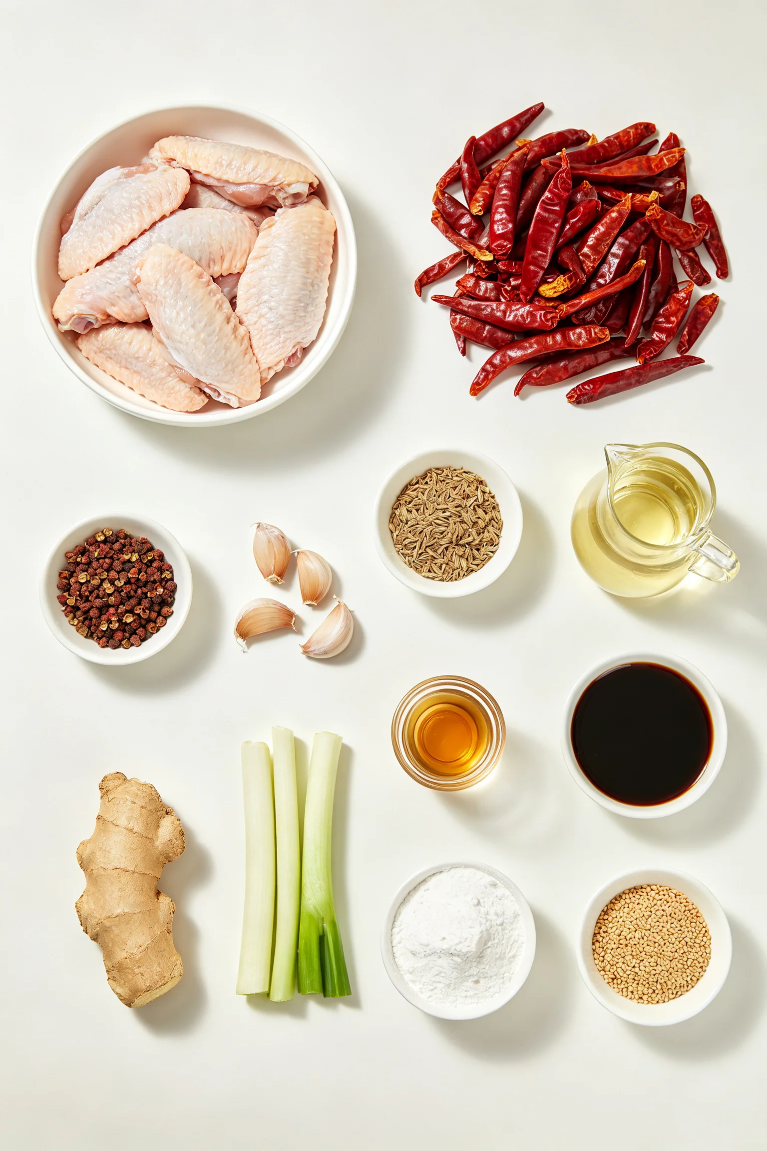 La zi ji ingredients flat lay showing raw chicken wings, dried red chillies, Sichuan peppercorns, cumin, garlic, ginger, spring onions, Shaoxing wine, soy sauce and cornstarch on white surface