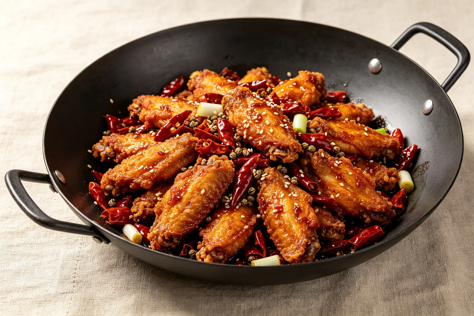 Double-fried chicken wings tossed with dried red chillies and chilli oil in a black wok showing the completed la zi ji preparation on linen