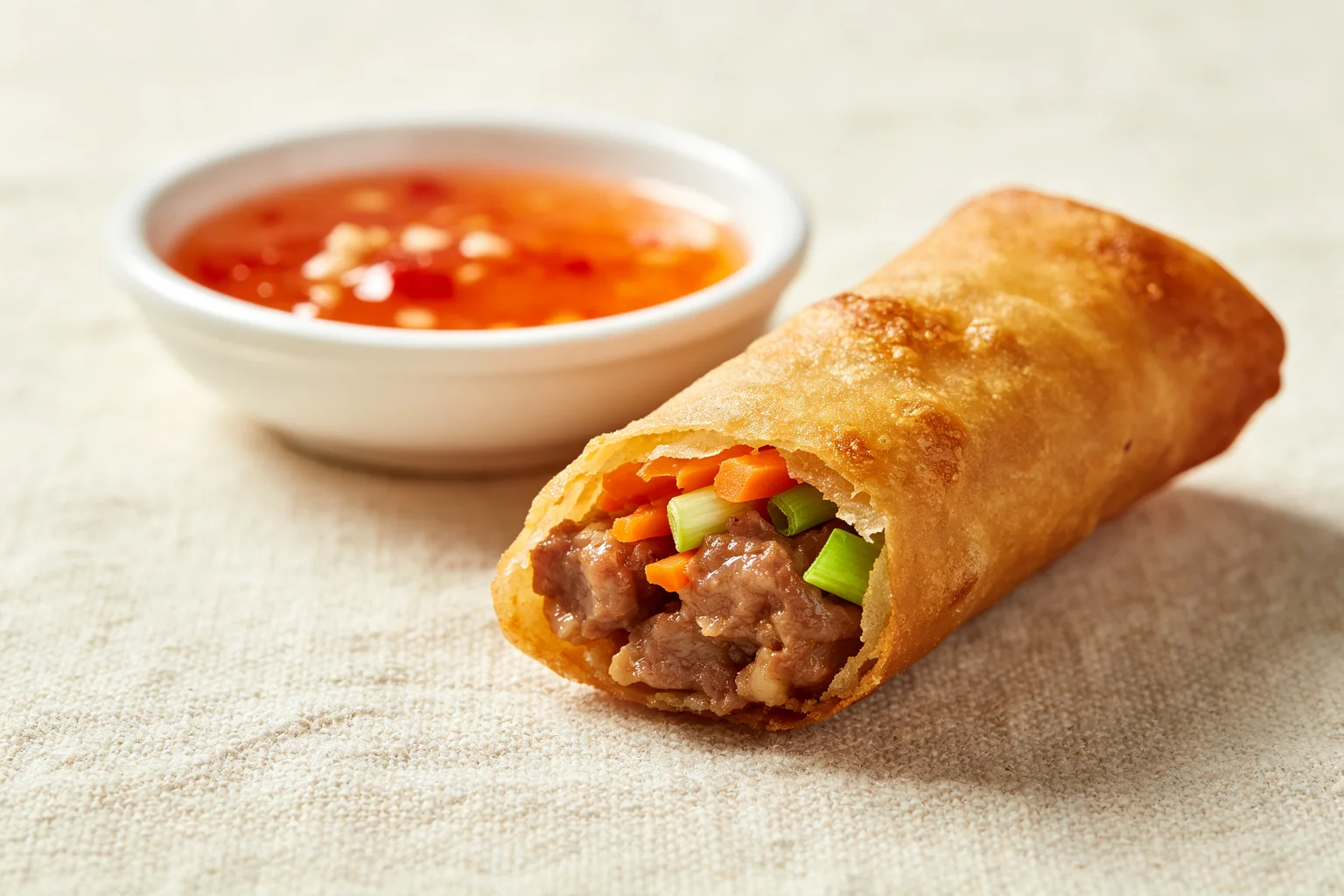 Close-up cross-section of lumpiang Shanghai showing cooked pork filling with carrot and spring onion inside a crispy golden-brown wrapper beside sweet sour dipping sauce on linen surface