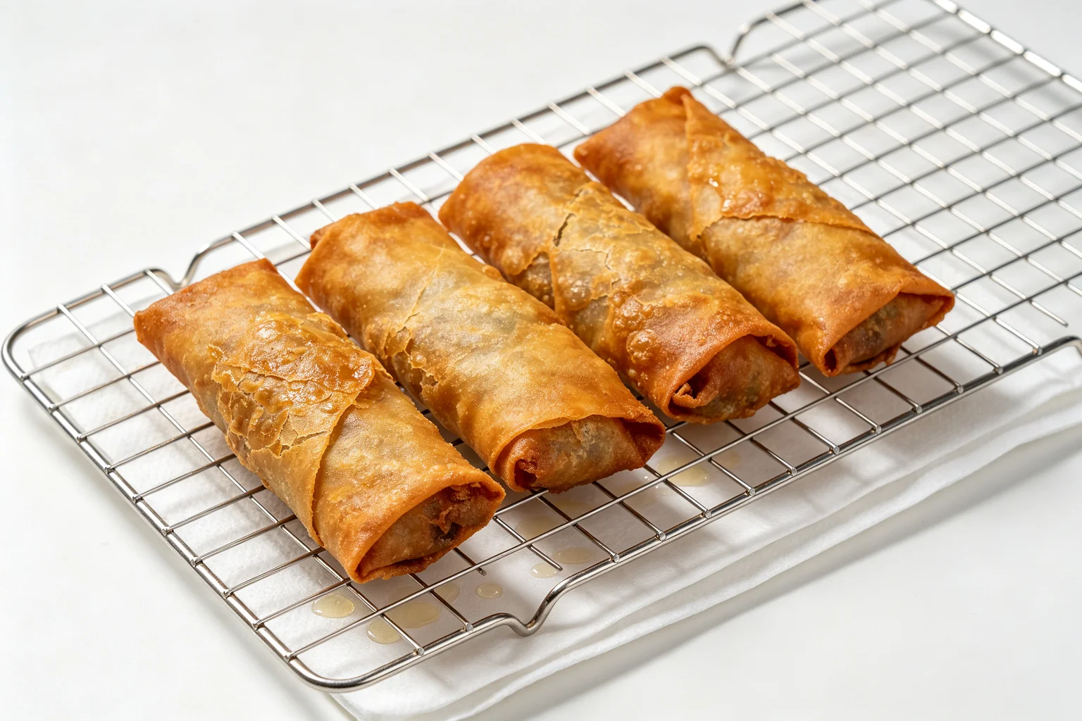 Freshly fried lumpiang Shanghai draining on a stainless steel wire rack over white kitchen paper showing golden-brown blistered crispy wrappers