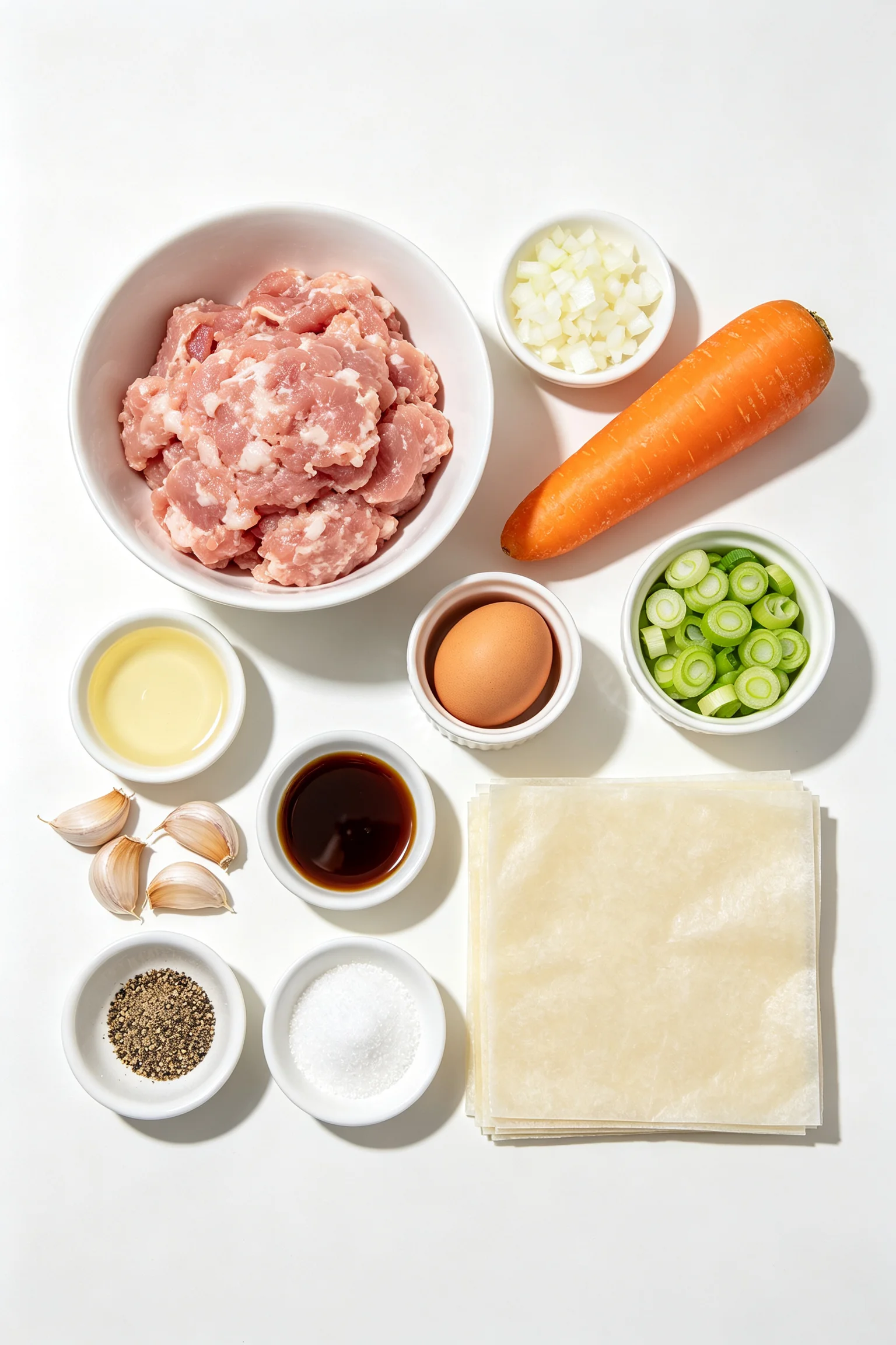 Overhead flat lay of lumpiang Shanghai filling ingredients on white surface including raw ground pork, whole carrot, minced white onion, garlic, sliced spring onions, egg, oyster sauce, soy sauce, sesame oil, black pepper, salt and lumpia wrappers