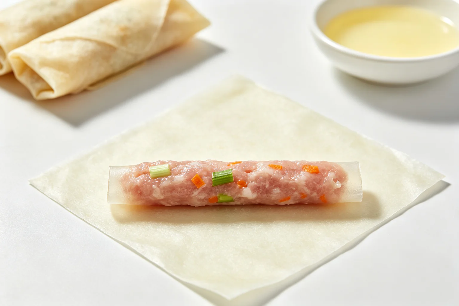  Raw pork filling log with carrot and spring onion placed on lumpia wrapper in diamond position ready to roll on white surface with finished rolls and egg wash in background