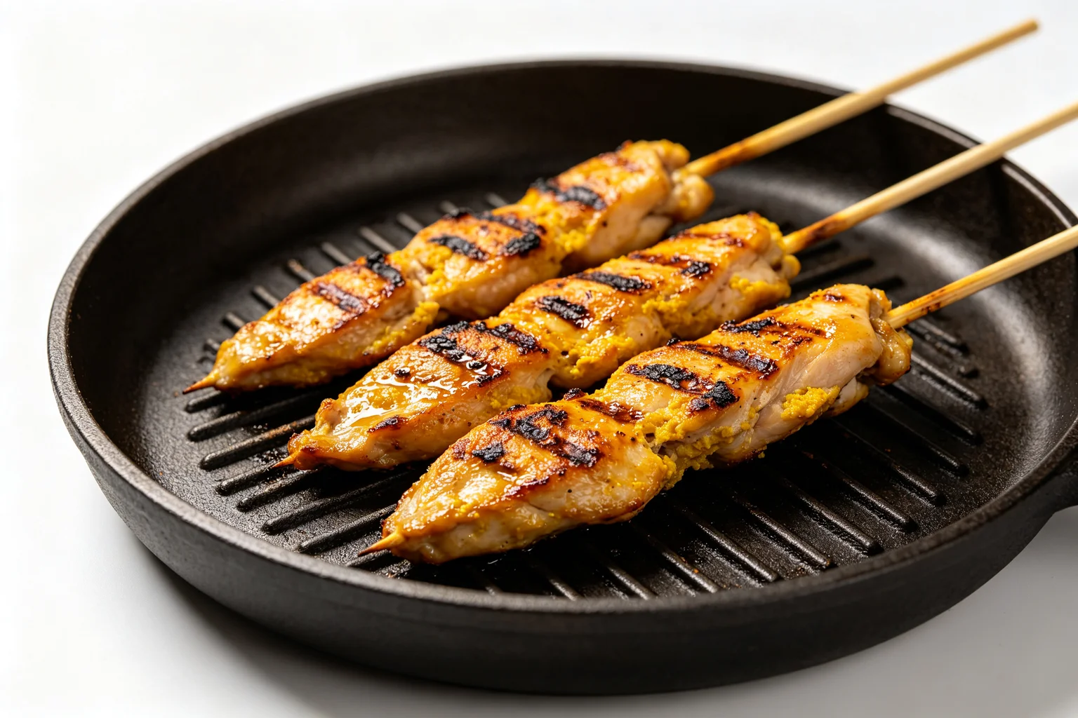 Chicken satay skewers with deep char marks and caramelised turmeric crust on a dark cast iron grill pan on linen surface