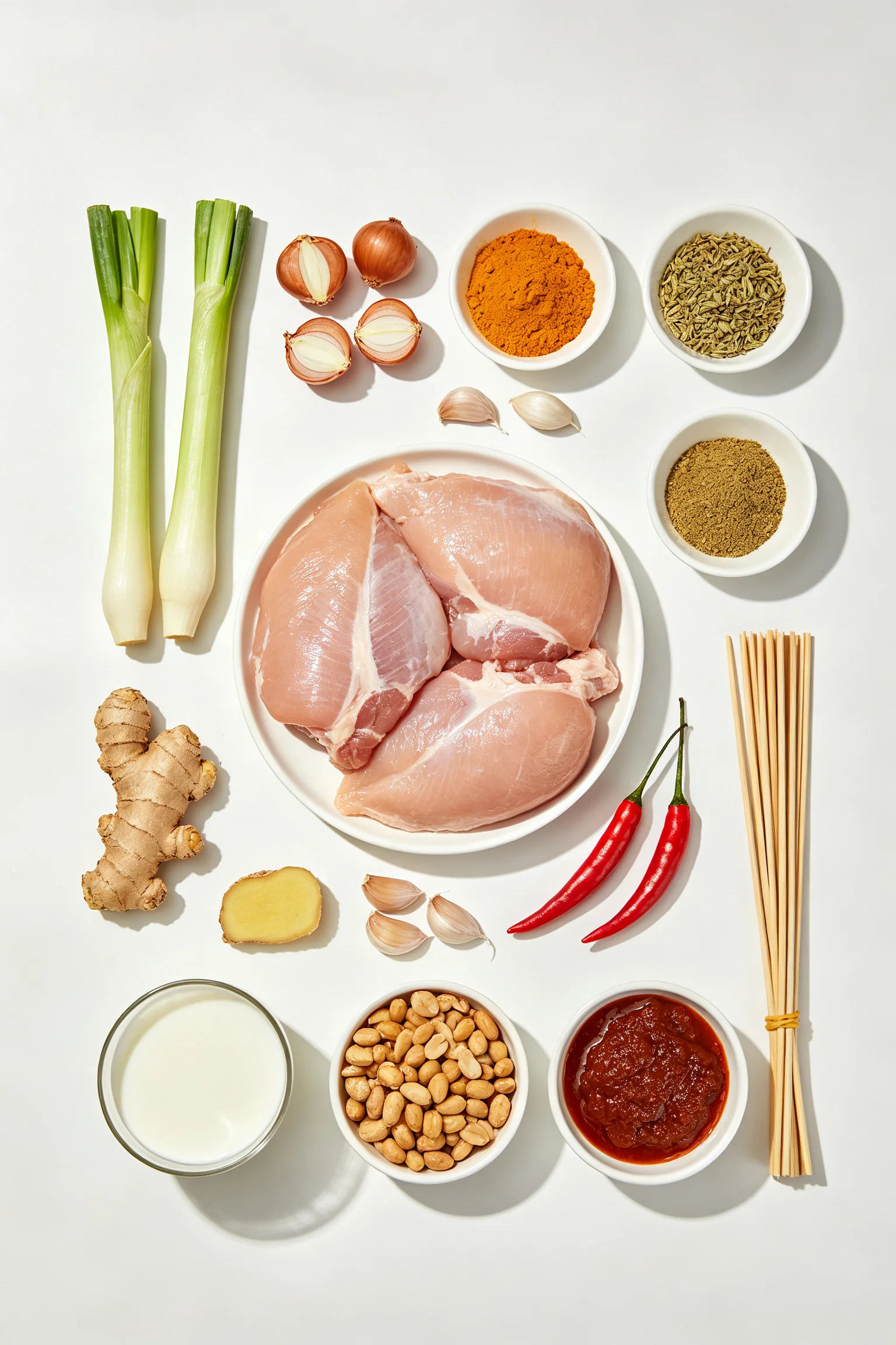 Malaysian satay ingredients flat lay showing raw chicken thigh, lemongrass, shallots, garlic, galangal, red chilli, turmeric, coriander, palm sugar, coconut milk, peanuts, tamarind and bamboo skewers on a white surface
