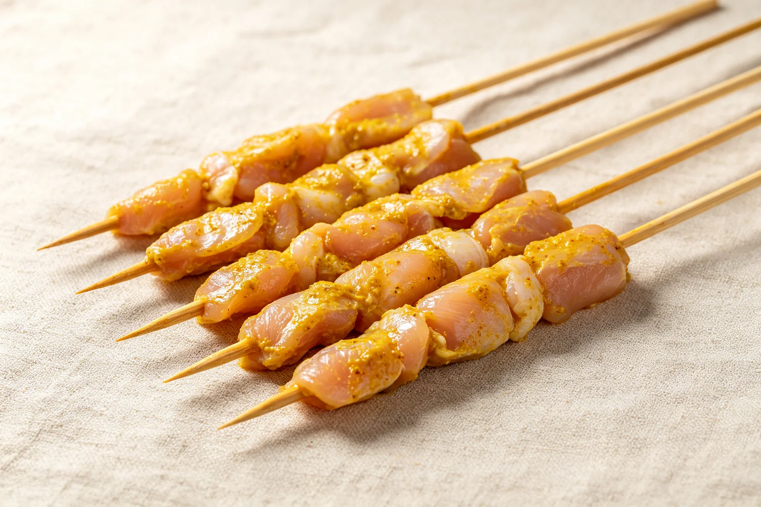 Raw marinated chicken satay skewers coated in golden turmeric and lemongrass spice paste on bamboo skewers on linen surface ready to grill