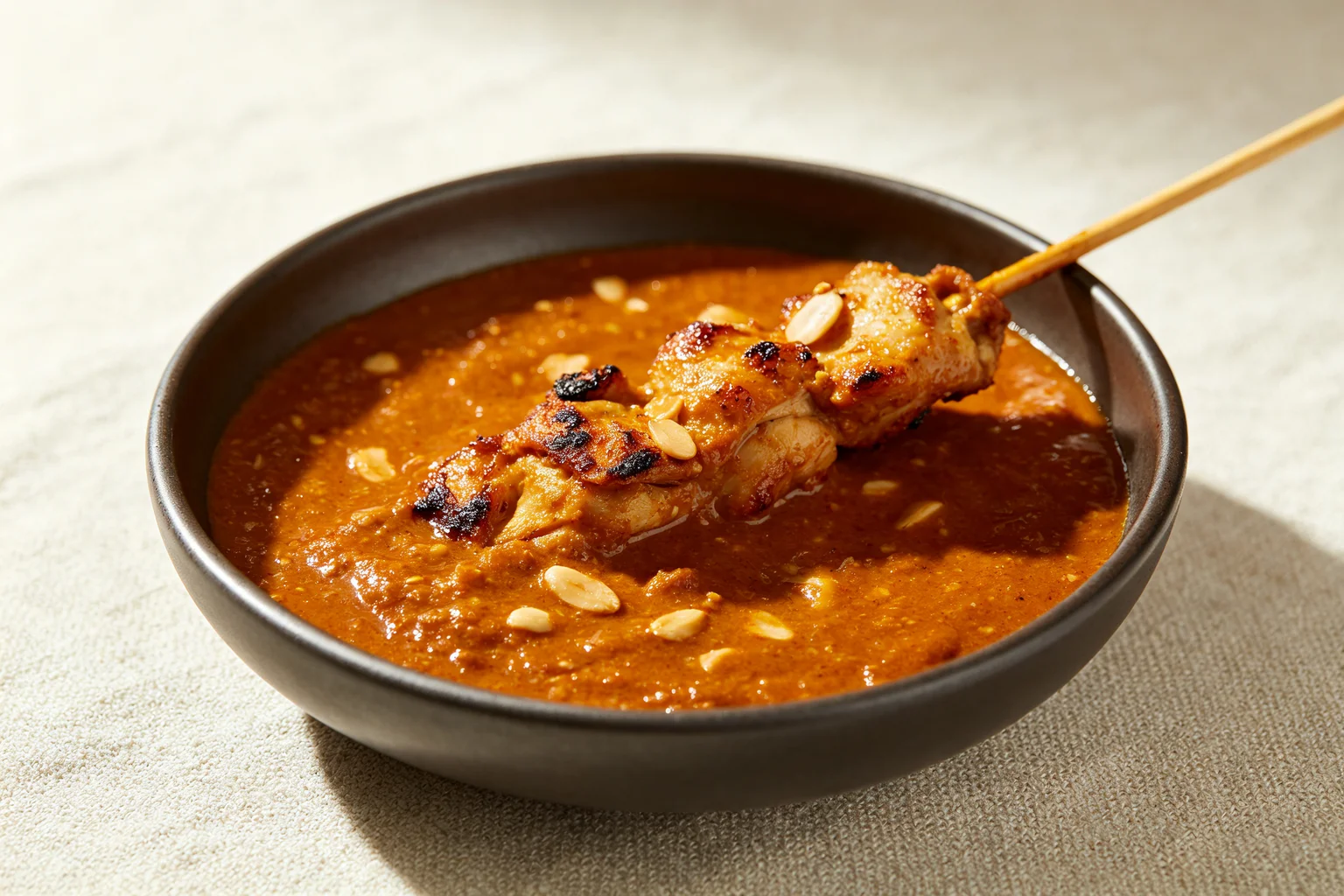 Thick Malaysian peanut sauce with crushed peanuts in a dark ceramic bowl with a charred chicken satay skewer resting across the rim on linen surface