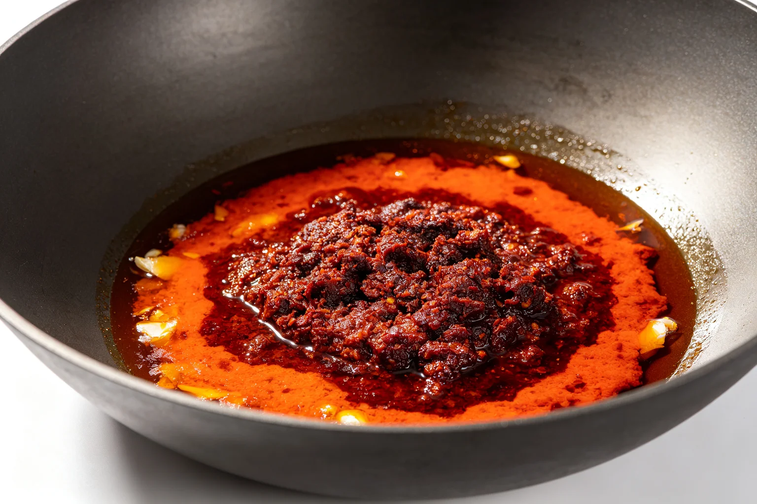 Doubanjiang paste frying in vivid red-orange oil in a dark wok showing the fat-soluble colour compounds fully transferred into the oil with garlic and ginger on white surface