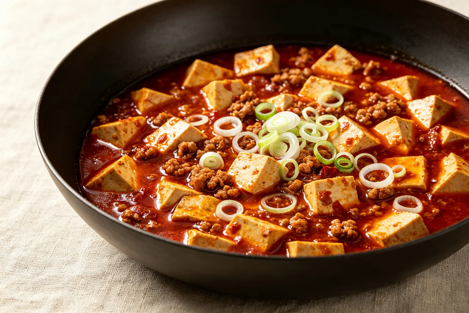 Silken tofu cubes coated in thick glossy unified brick-red mapo tofu sauce with ground pork and spring onion in a dark wok on white surface