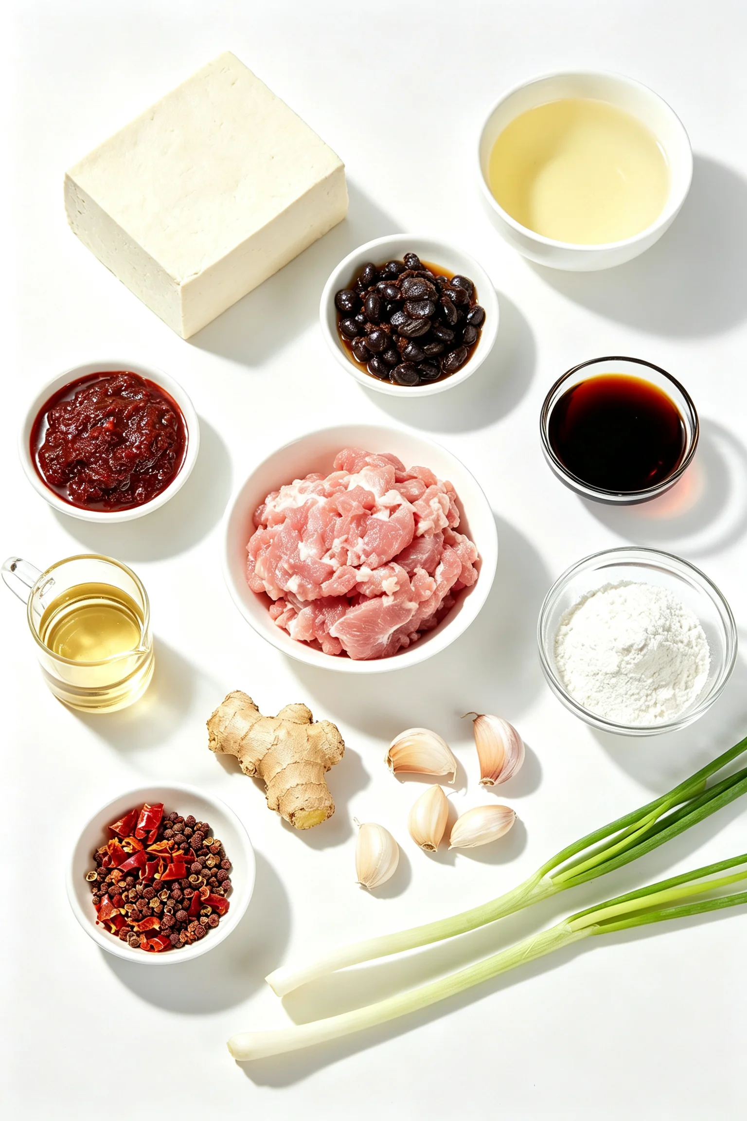 Mapo tofu ingredients flat lay showing silken tofu, doubanjiang, douchi, ground pork, garlic, ginger, dried chilli, soy sauce, cornstarch, Sichuan peppercorns and spring onions on a white surface