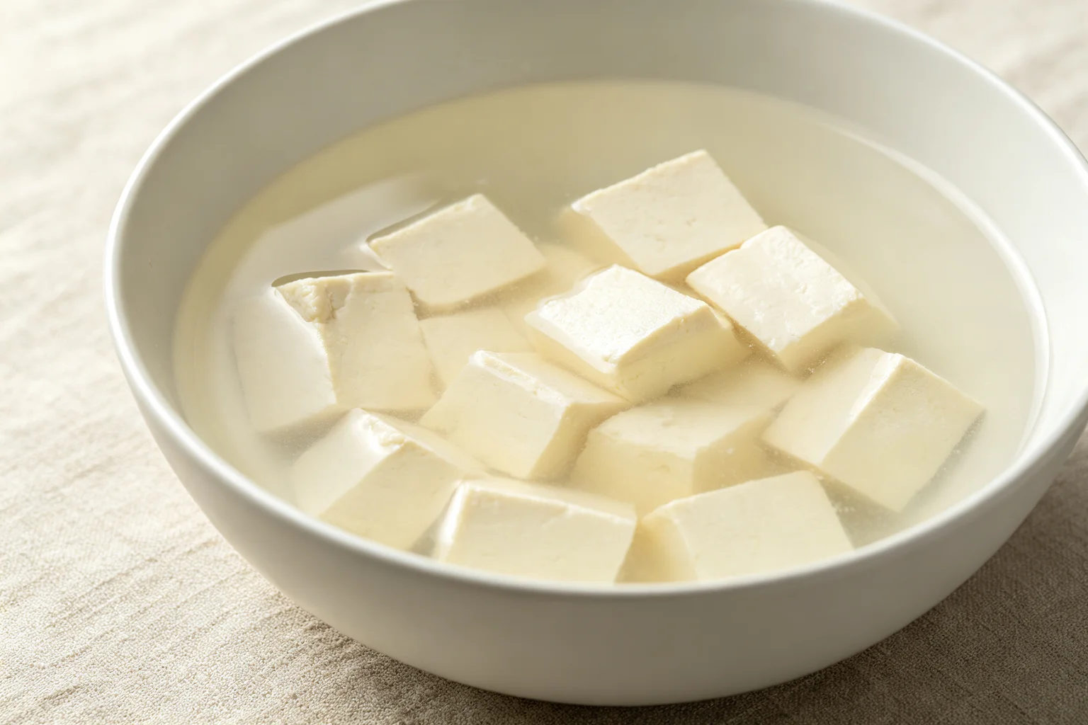 Silken tofu cubes soaking in lightly salted hot water in a wide white ceramic bowl on linen surface showing the brine soak process