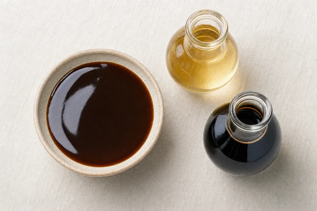 Small ceramic bowl of glossy dark teriyaki sauce next to mirin and soy sauce bottles on linen surface — showing mirin's role in Japanese glazes