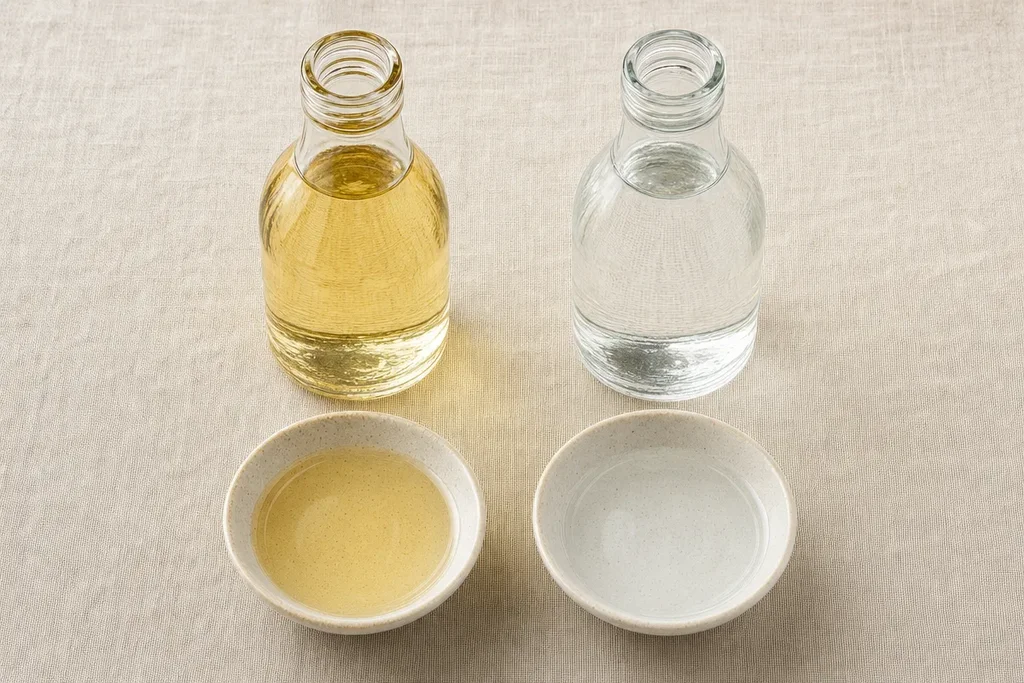 Two label-free bottles side by side — pale golden mirin on the left and clear sake on the right — with small ceramic bowls showing each liquid on linen surface