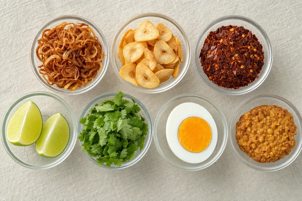Mohinga garnishes in individual glass bowls — fried shallots, garlic chips, chilli flakes, lime, coriander, boiled egg and crispy fritter on linen surface