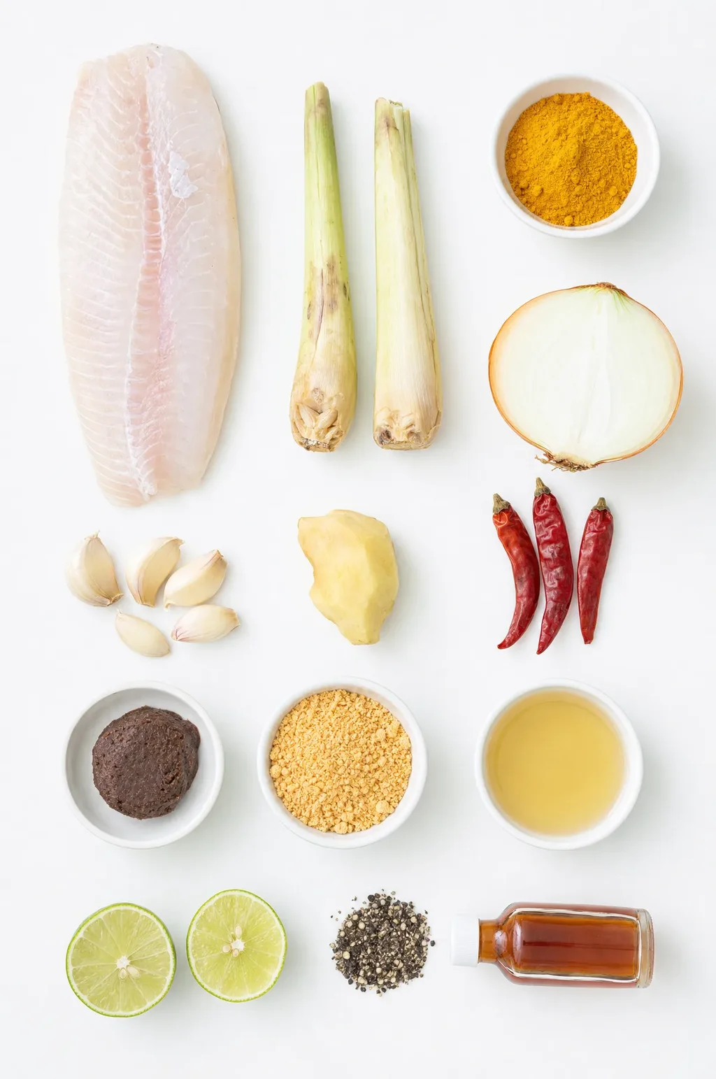 mohinga-ingredients-flat-lay Alt text: Mohinga ingredients laid flat — catfish, lemongrass, turmeric, garlic, ginger, dried chilli, shrimp paste, chickpea flour and fish sauce on white surface