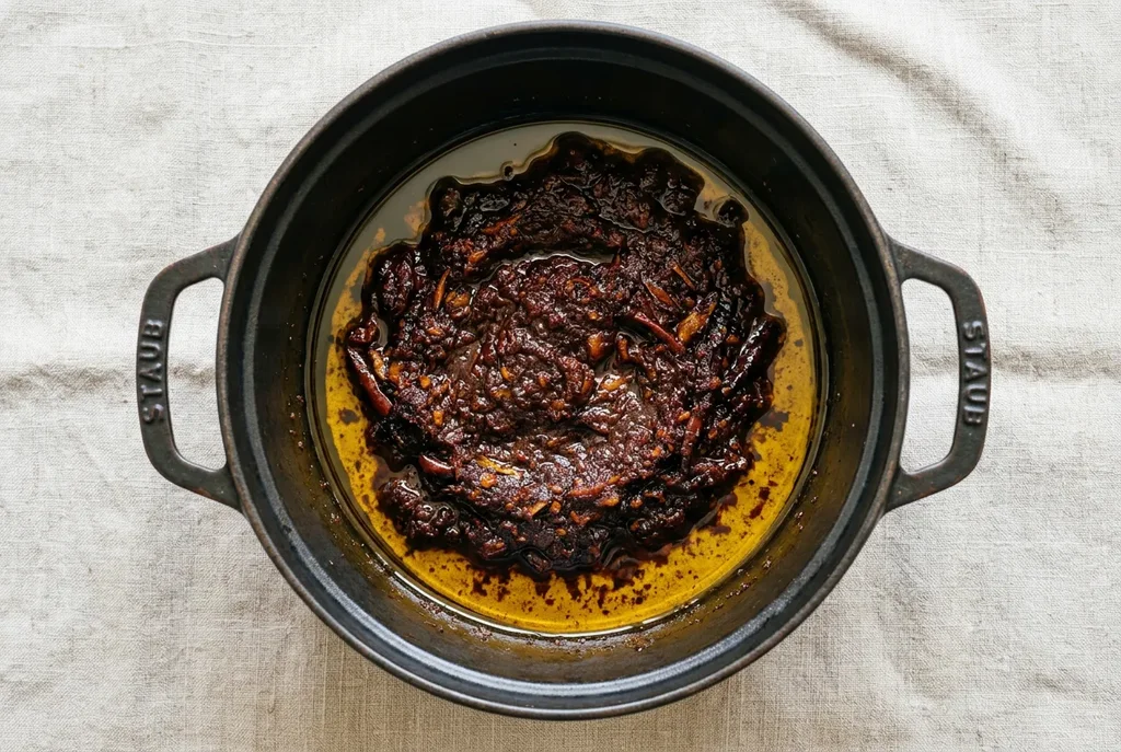 Mohinga aromatic paste after see-byan frying — deep reddish-brown with oil separated and pooling around the edges in a dark pot