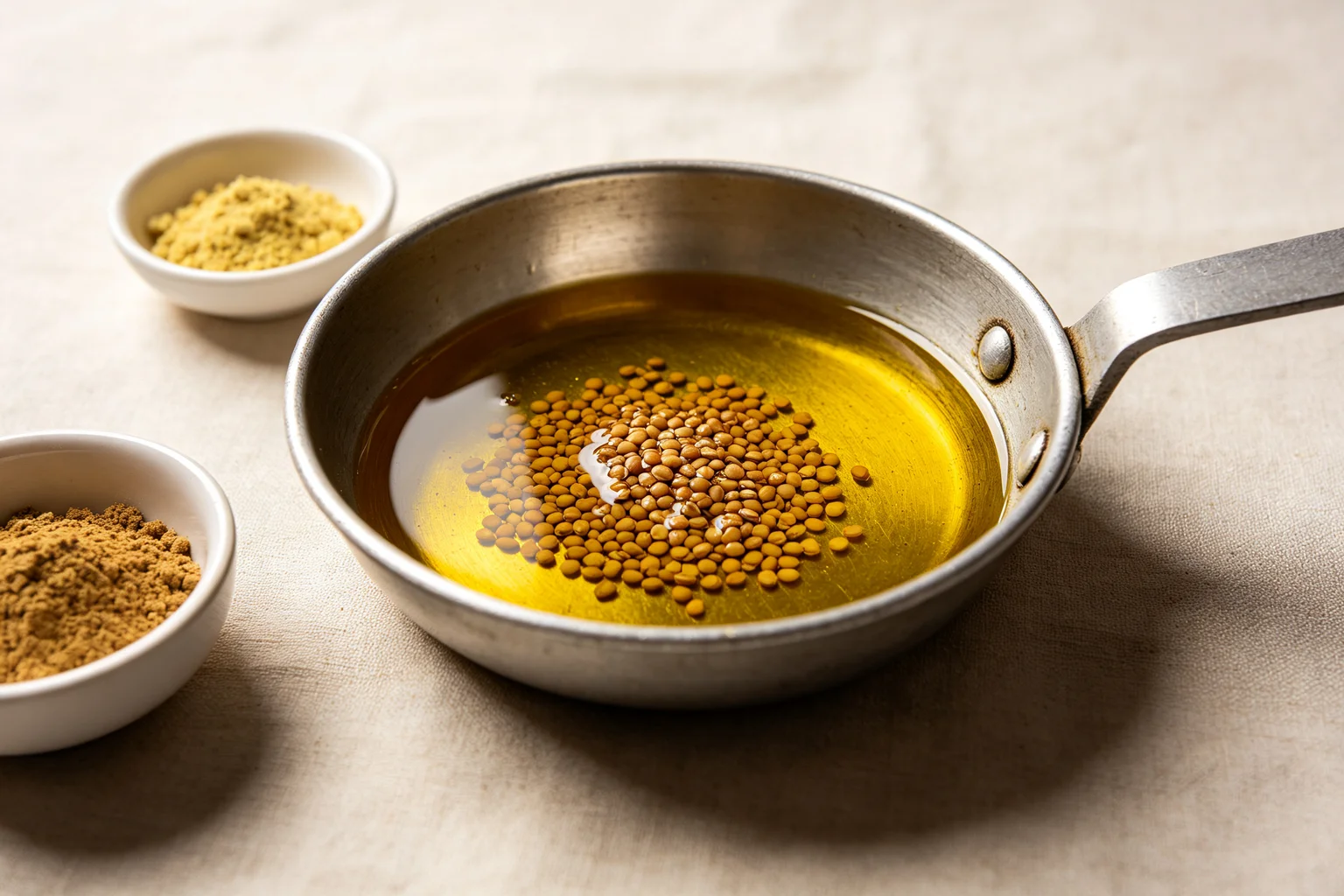  Golden mustard oil with fried fenugreek seeds in a small  pan with ground timur and asafoetida alongside on linen