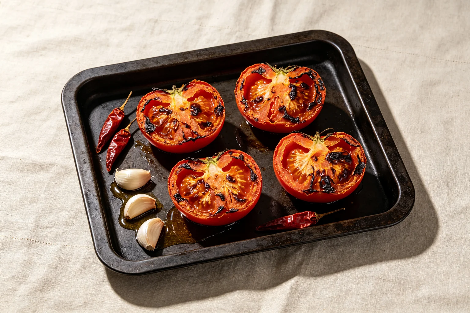 Roasted tomato halves with caramelised red-brown blistered  surfaces on a dark baking tray with garlic cloves and dried chillies  on linen