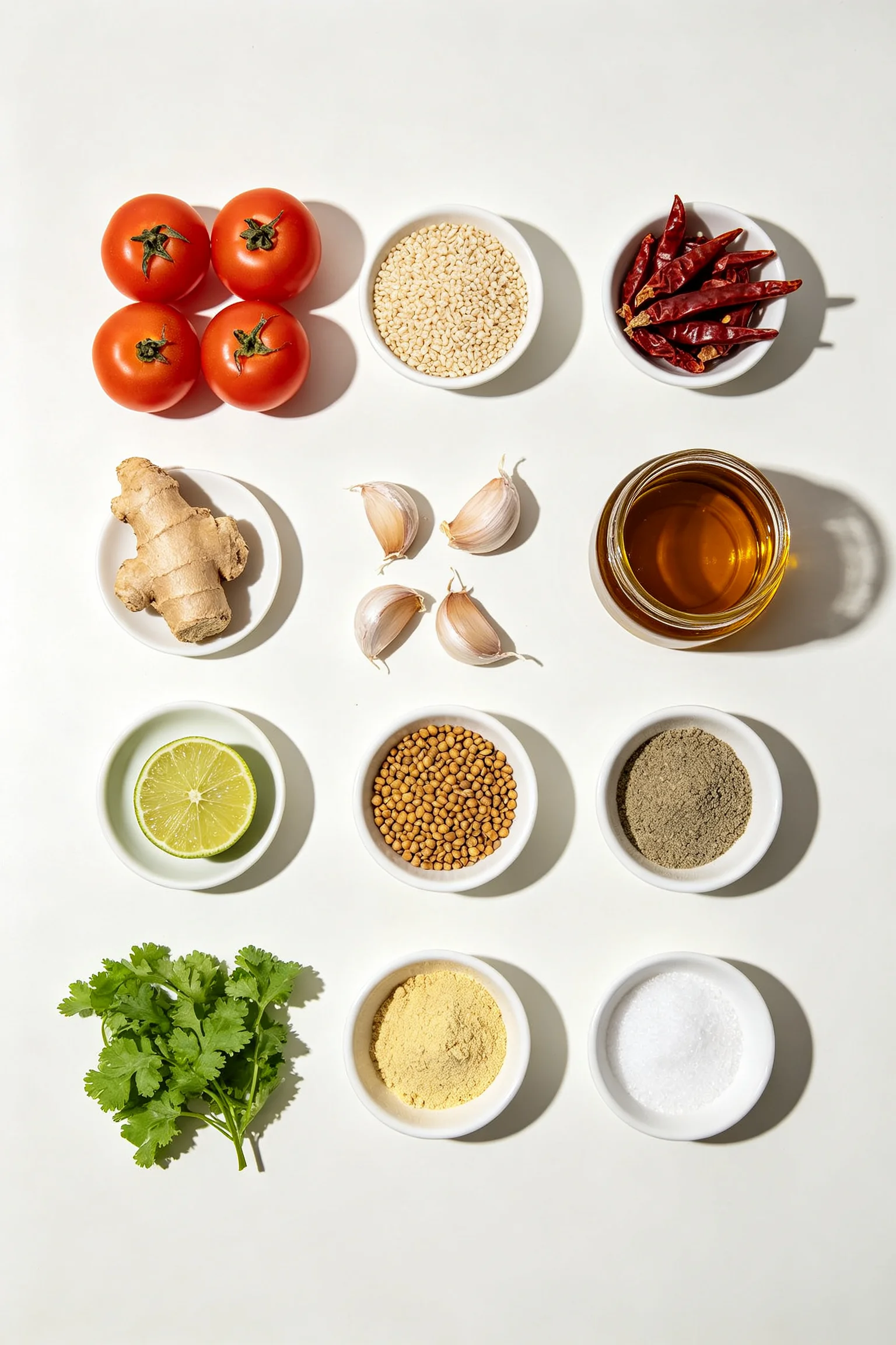 Momo achar ingredients flat lay showing tomatoes, sesame  seeds, dried chillies, garlic, ginger, mustard oil, fenugreek,  timur, asafoetida, lime and coriander on white surface