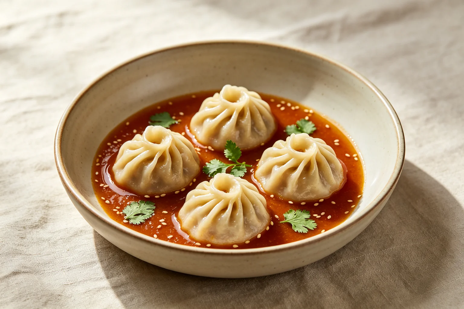 Steamed momo sitting in thin warm jhol achar broth in a  deep ceramic bowl with coriander on linen