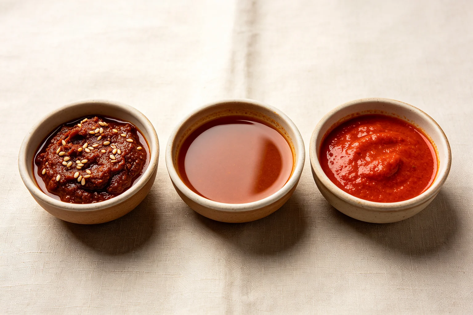 Three momo achar versions side by side showing thick classic  roasted achar, thin jhol achar broth and quick pan-cooked achar in  small ceramic bowls on linen