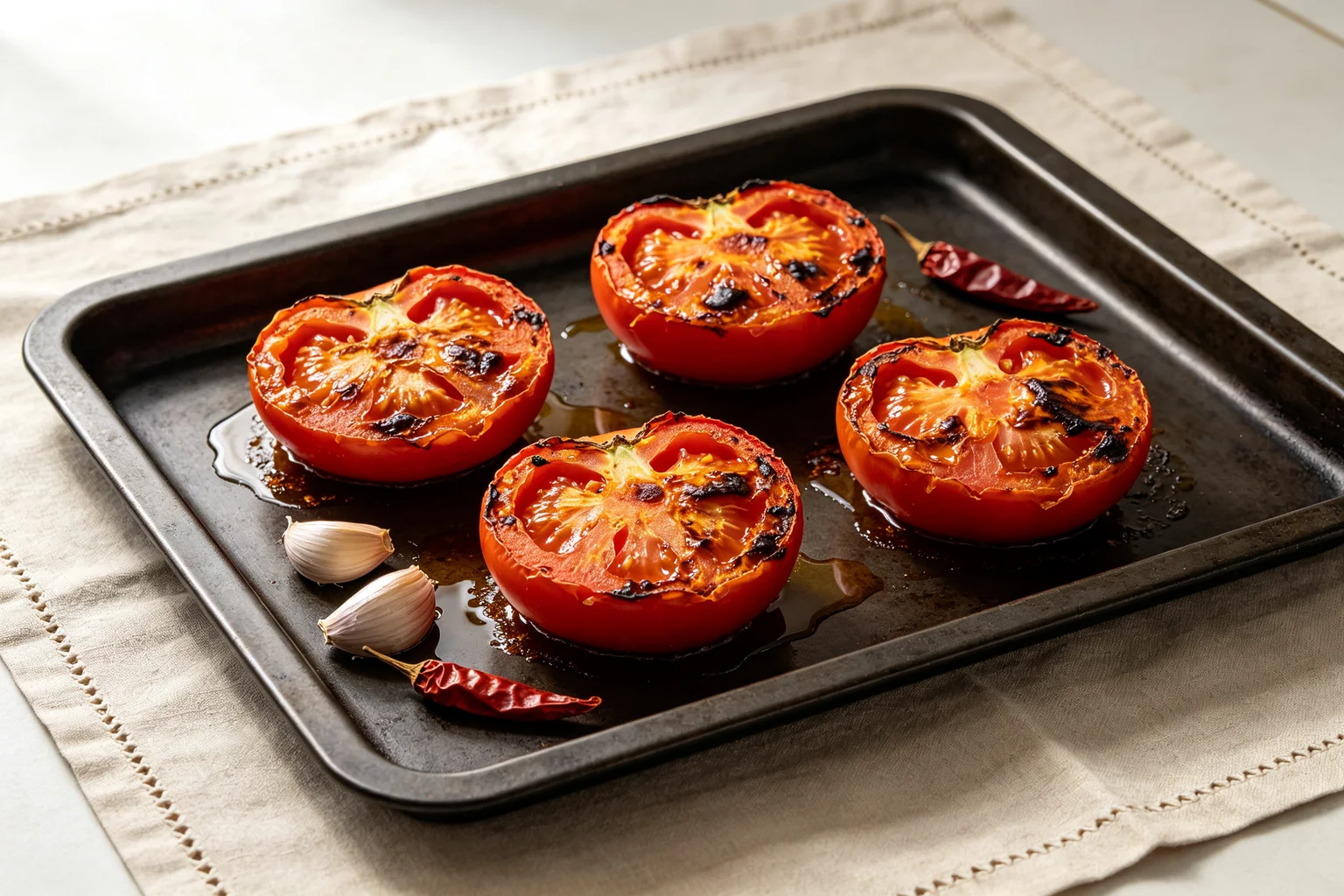 Roasted tomato halves with blistered darkened surfaces and split skins on a dark baking tray with garlic and dried chillies on linen