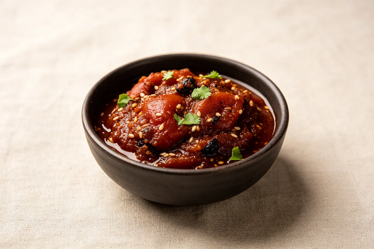 Thick deep red roasted tomato momo achar with sesame seeds and coriander in a dark ceramic bowl on linen