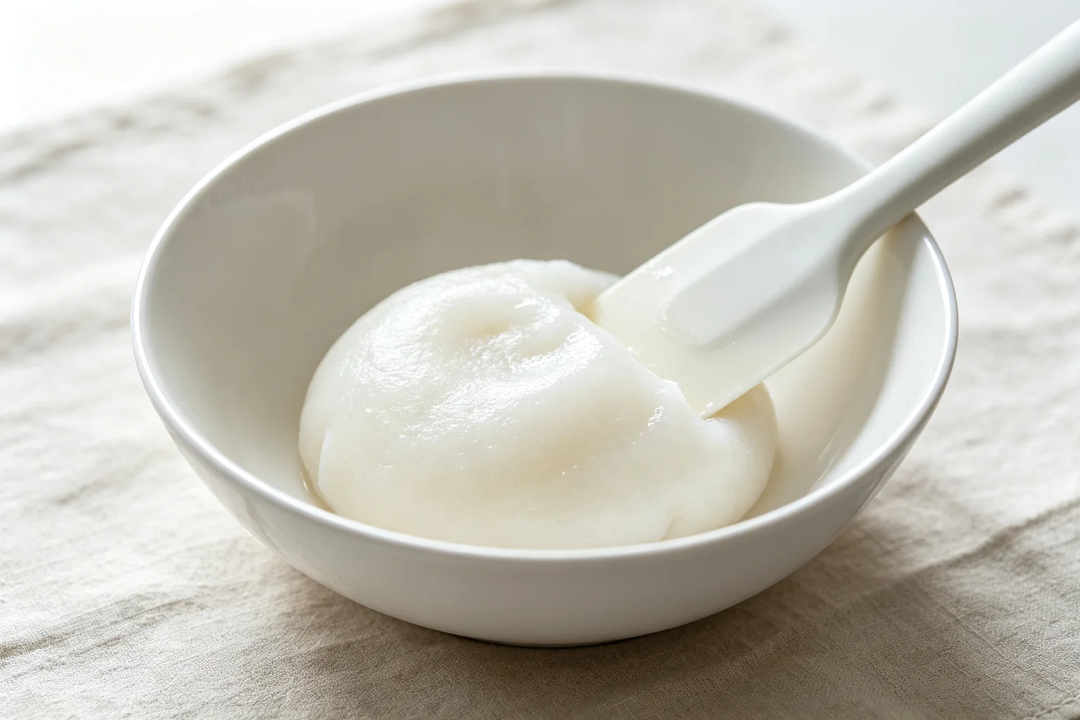 Freshly steamed snow skin mooncake dough set into a pale white slightly translucent firm mass in a white bowl with silicone spatula on linen