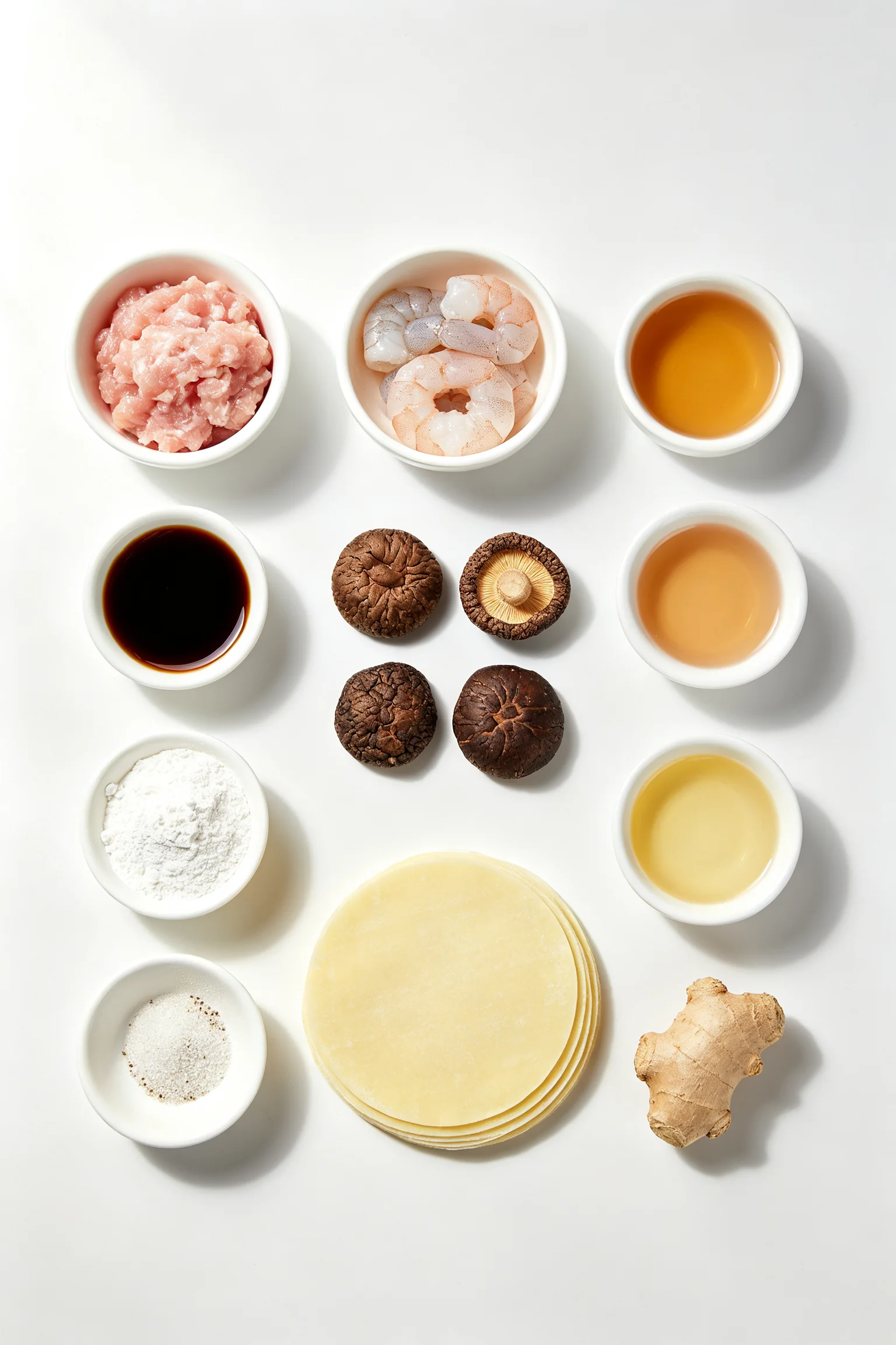 Overhead flat lay of siu mai filling ingredients on white surface including ground pork, shrimp, dried shiitake mushrooms, oyster sauce, soy sauce, ginger and yellow round dumpling wrappers