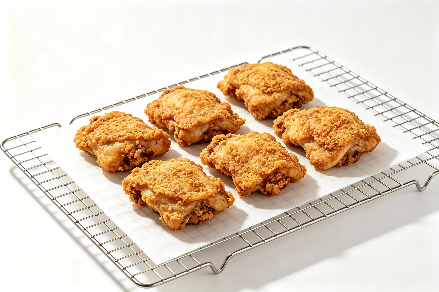 Double-fried boneless chicken thigh pieces with dry crispy golden-brown crust draining in a single layer on a stainless steel wire rack over white kitchen paper on white surface