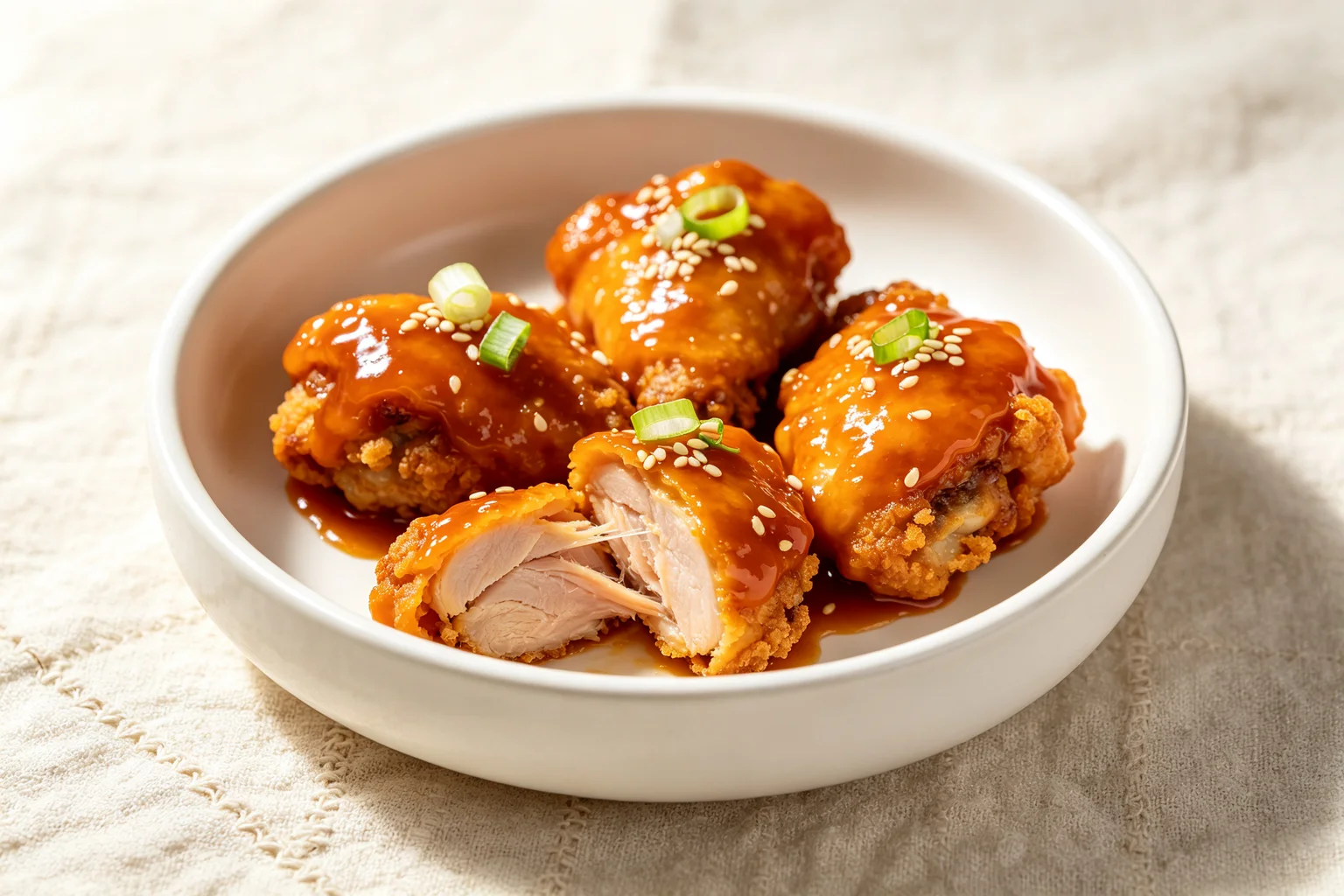 Alt text: Close-up of orange chicken pieces with glossy amber-orange glaze and visible crispy crust one piece cut open showing juicy interior with spring onion and sesame seeds on linen surface