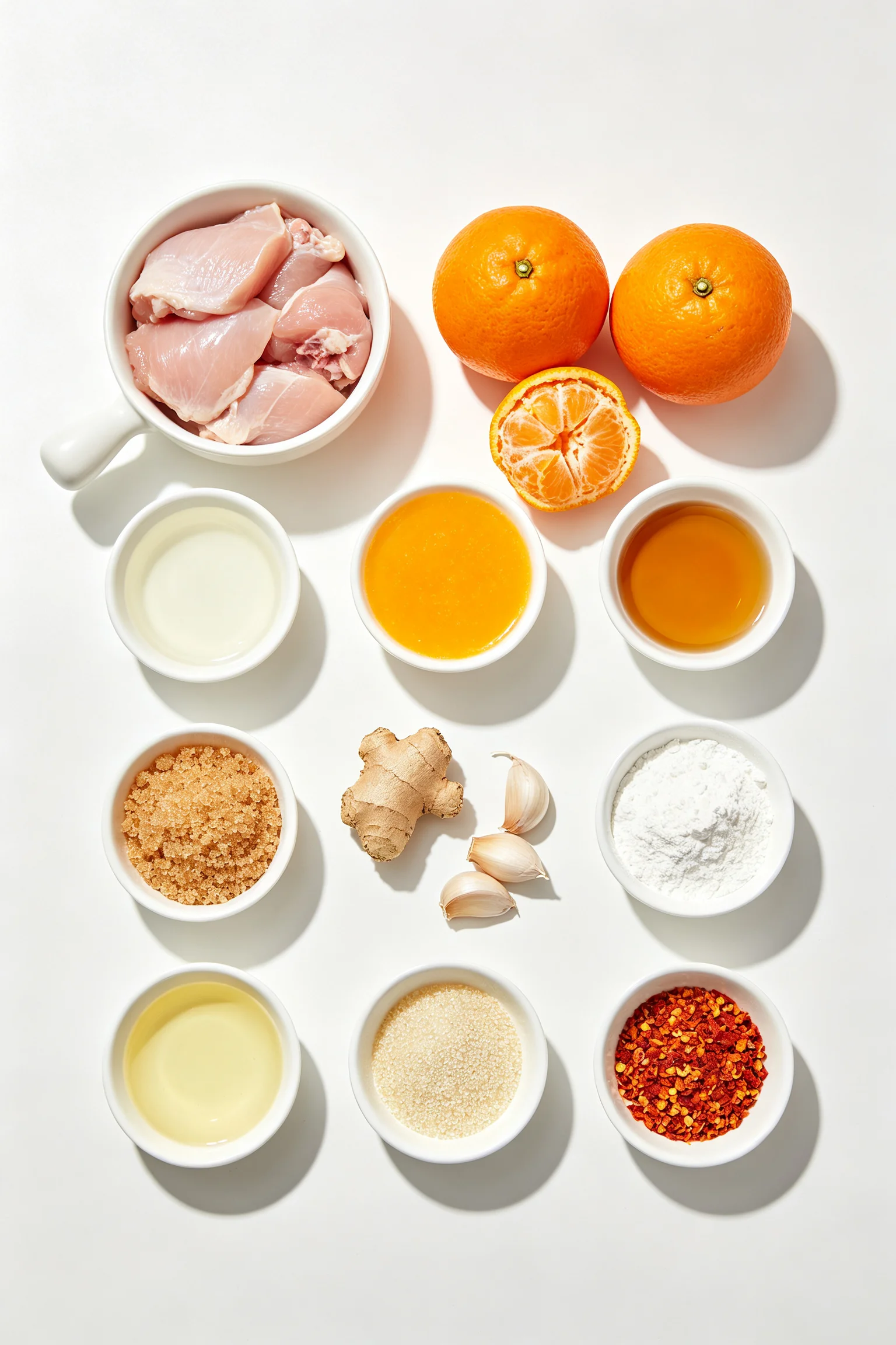 Overhead flat lay of orange chicken ingredients on white surface including raw chicken thighs, fresh oranges, orange juice, soy sauce, rice vinegar, brown sugar, cornstarch, garlic, ginger, sesame oil and chilli flakes Placement: Below Ingredients section header