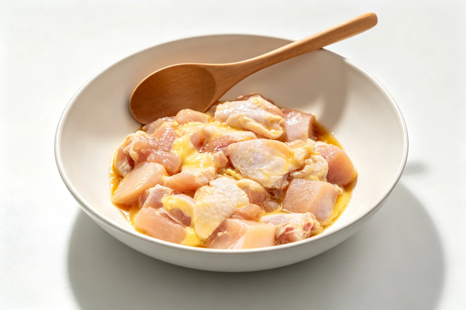 Raw boneless chicken thigh pieces coated in beaten egg and soy sauce marinade in a white ceramic bowl with a wooden spoon resting across the rim on white surface