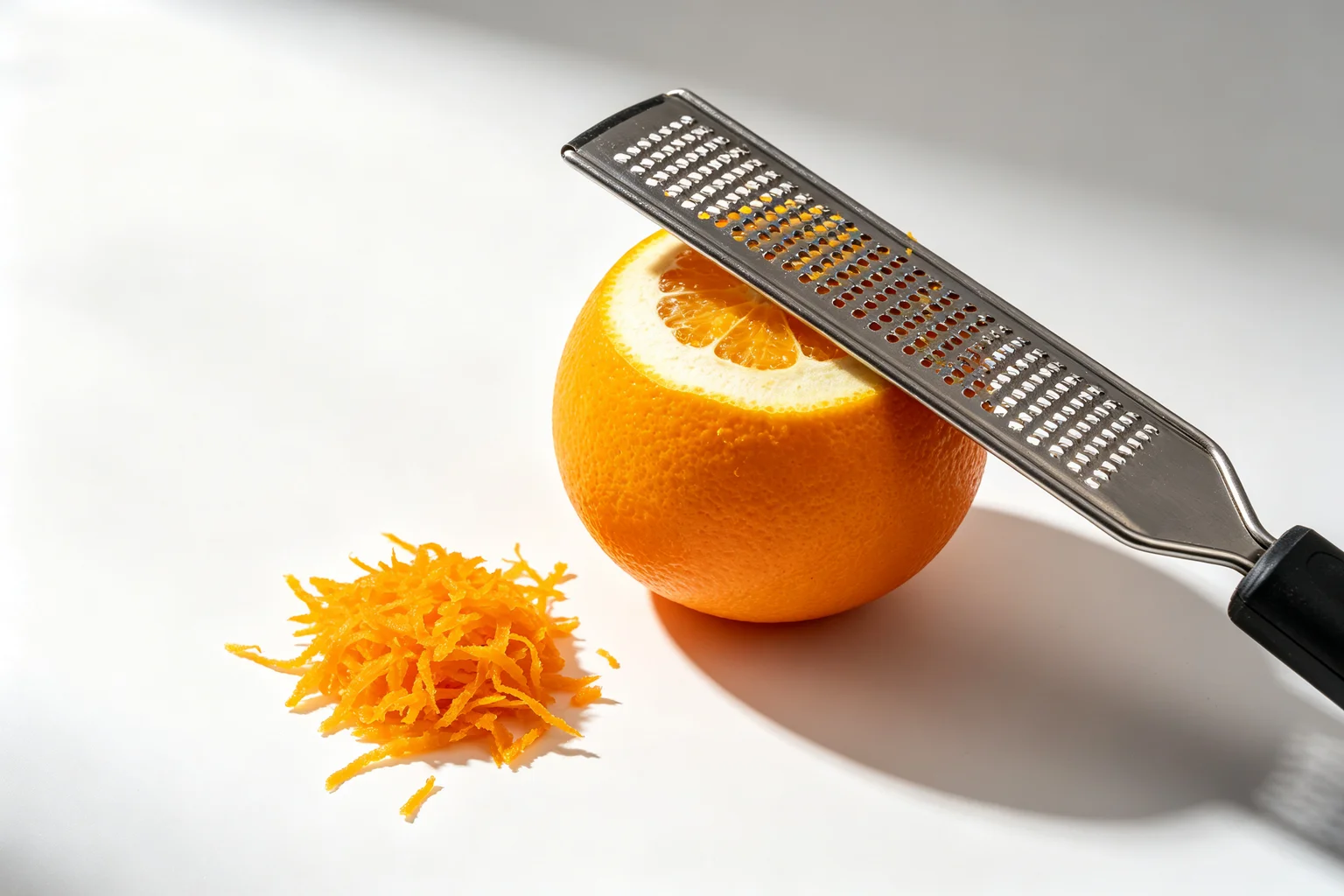  Fresh orange with a microplane grater resting against it and a pile of bright orange zest collected on white surface