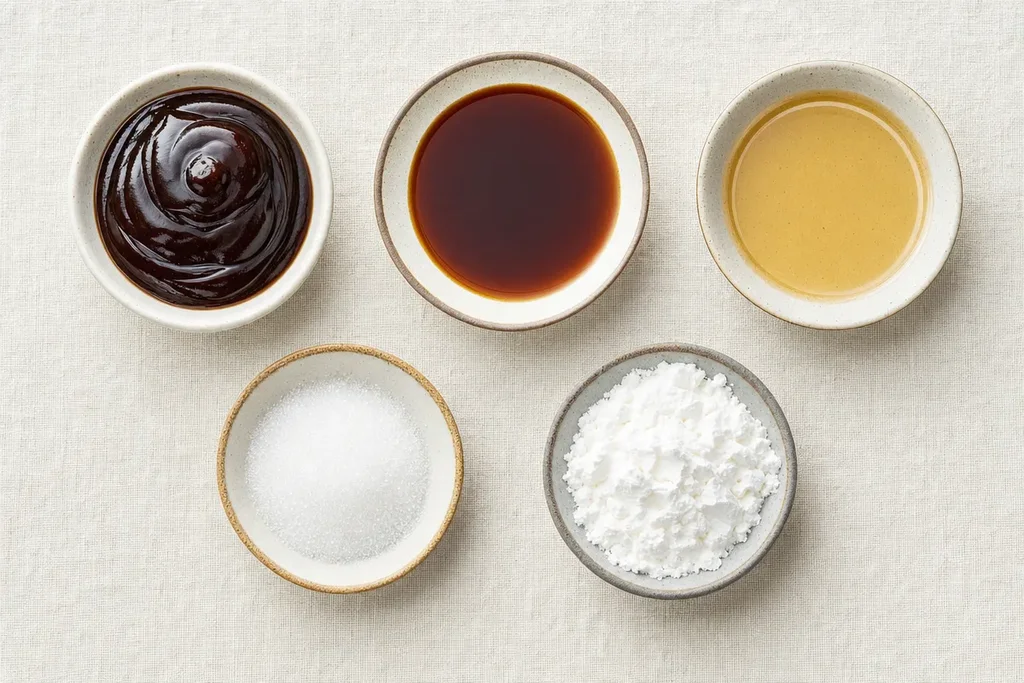 Chinese stir-fry sauce components in small ceramic bowls — oyster sauce, soy sauce, sesame oil, sugar and cornstarch on linen surface
