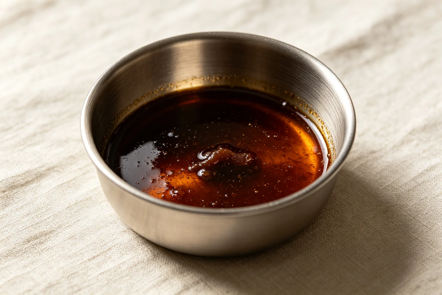 Dark amber caramelised palm sugar pad thai sauce with fish sauce and tamarind dissolved into a glossy mahogany liquid in a small saucepan on linen surface