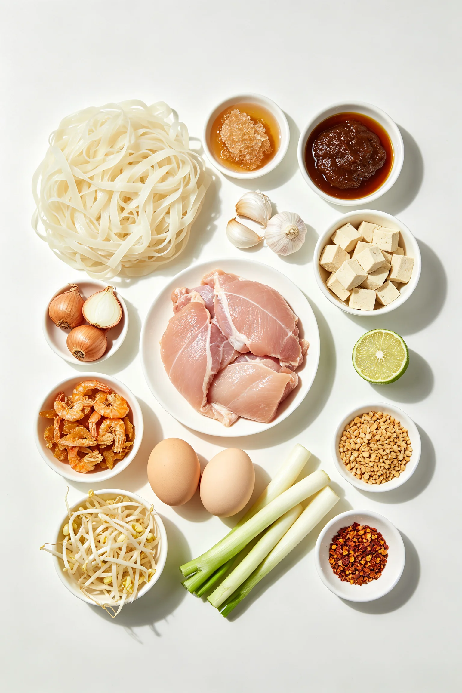 Pad thai ingredients flat lay showing rice noodles, palm sugar, fish sauce, tamarind, chicken thigh, tofu, garlic, shallots, dried shrimp, chai poh, eggs, bean sprouts, spring onions, peanuts and lime on a white surface