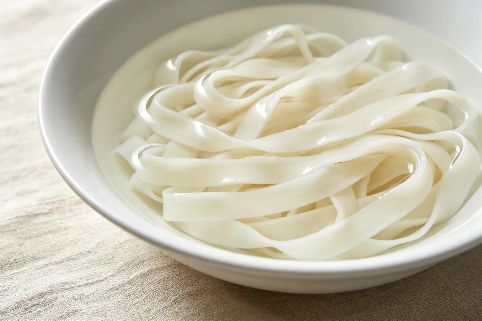  Dried pad thai rice noodles soaking in cold water in a wide white ceramic bowl becoming pliable and translucent on linen surface