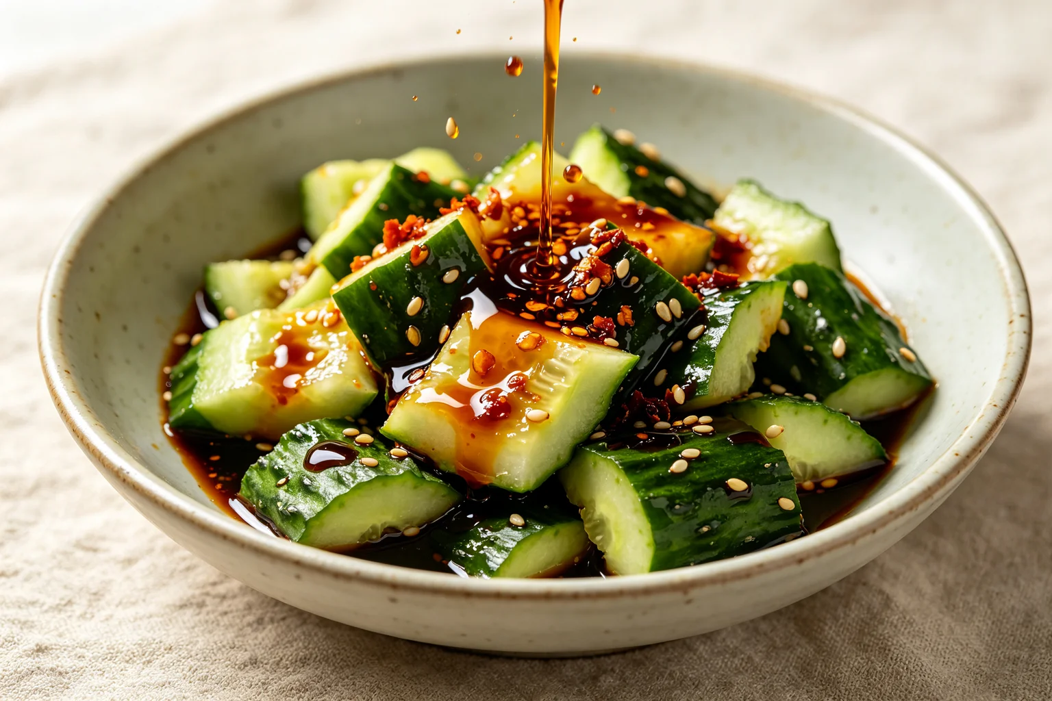 Close-up of smashed cucumber salad with deep red-orange  chilli oil being drizzled over dressed cucumber pieces with sesame  seeds on linen