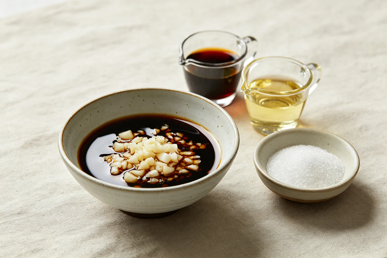 Minced garlic soaking in Chinese black vinegar in a small  ceramic bowl with soy sauce and sesame oil alongside on linen