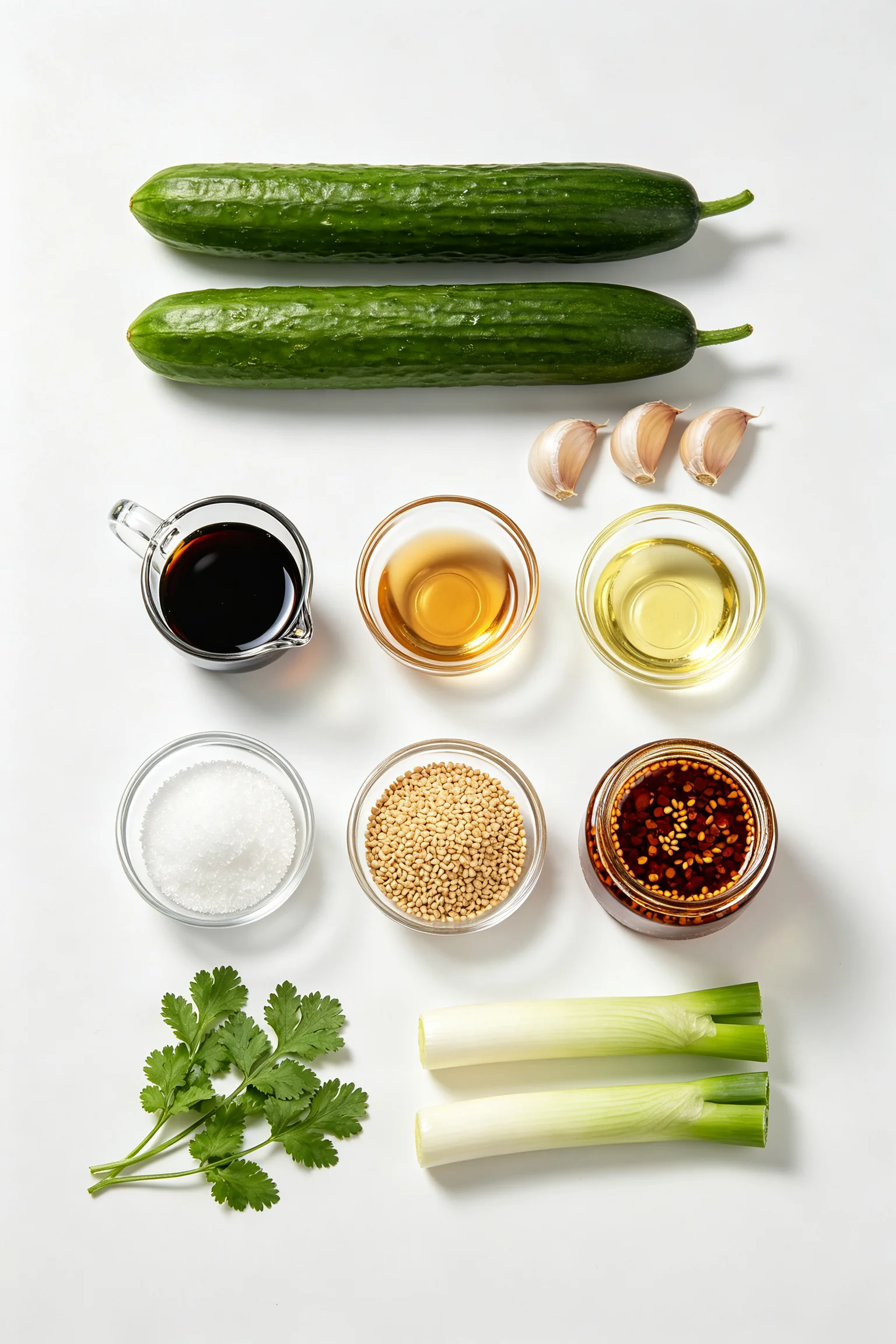 Pai huang gua ingredients flat lay showing whole cucumbers,  garlic, black vinegar, soy sauce, sesame oil, chilli oil, sesame seeds,  spring onions and coriander on white surface