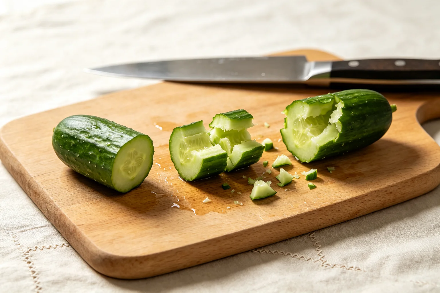 Three cucumber sections at different stages of smashing on a  wooden board showing whole, mid-smash, and fully smashed with  irregular jagged surfaces on linen