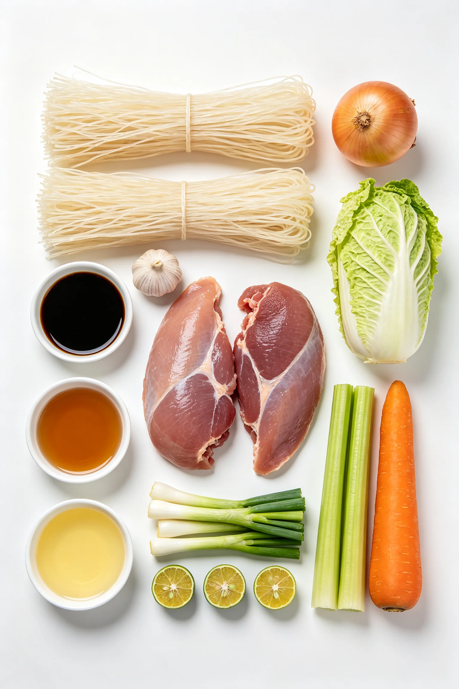 Overhead flat lay of pancit bihon ingredients on white surface including rice vermicelli noodles, boneless chicken thighs, soy sauce, fish sauce, chicken broth, garlic, onion, cabbage, carrot, celery, spring onions and calamansi