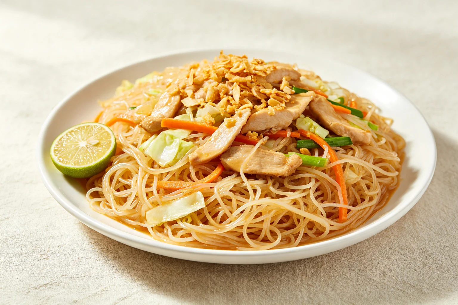 Pancit bihon rice vermicelli noodles with sliced chicken, carrot, cabbage and spring onion topped with fried garlic and lime on a white ceramic plate on linen surface
