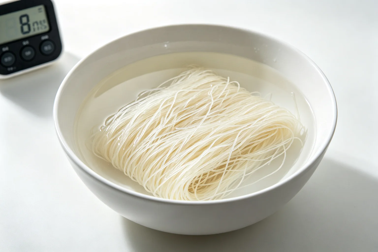  Dried bihon rice vermicelli noodles soaking in cold clear water in a white ceramic bowl on white surface